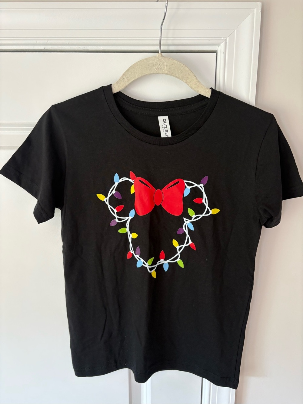 Kids Black Tee with Holiday Lights Minnie Mouse Ears and Bow Youth M